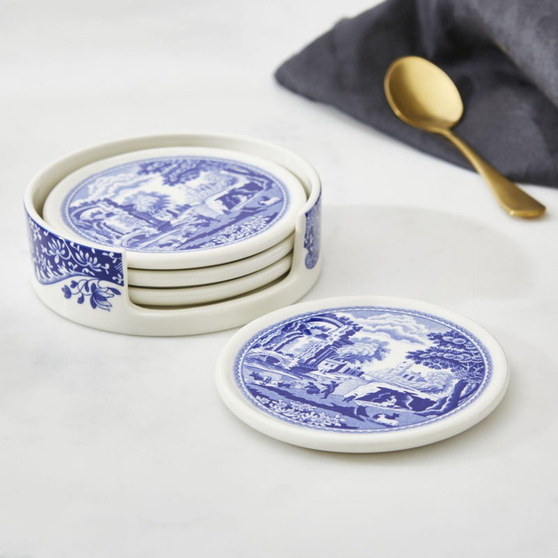 Spode - Blue Italian - Ceramic Coasters With Holder| 3.75 Inch - Limolin 