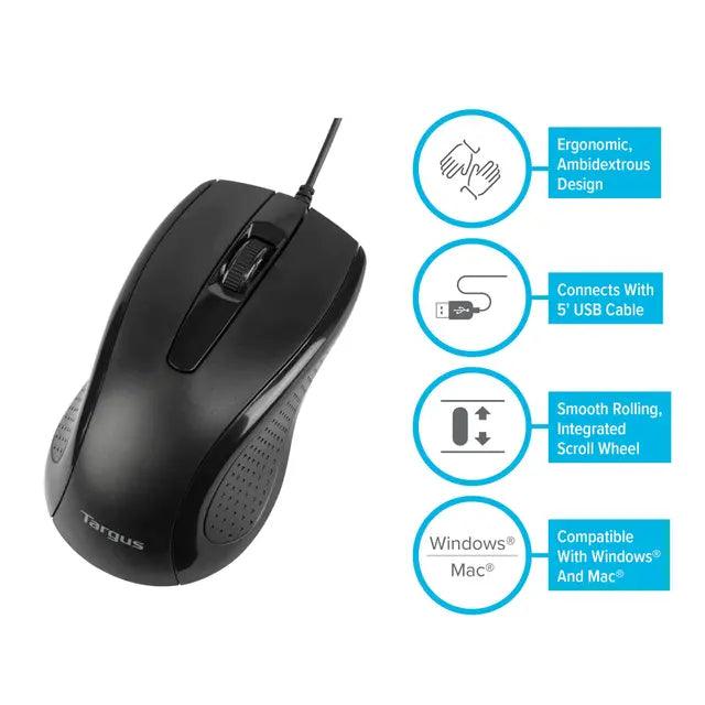 Targus - Mouse Wired 3 Button Full Size Optical Ergonomic Ambidextrous 1000dpi PC/Mac - Black (AMU81USZ) - Limolin 