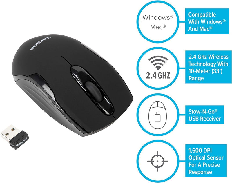 Targus - Mouse Wireless Optical Ergonomic Ambidextrous 1600dpi PC/Mac - Matte Black - Limolin 