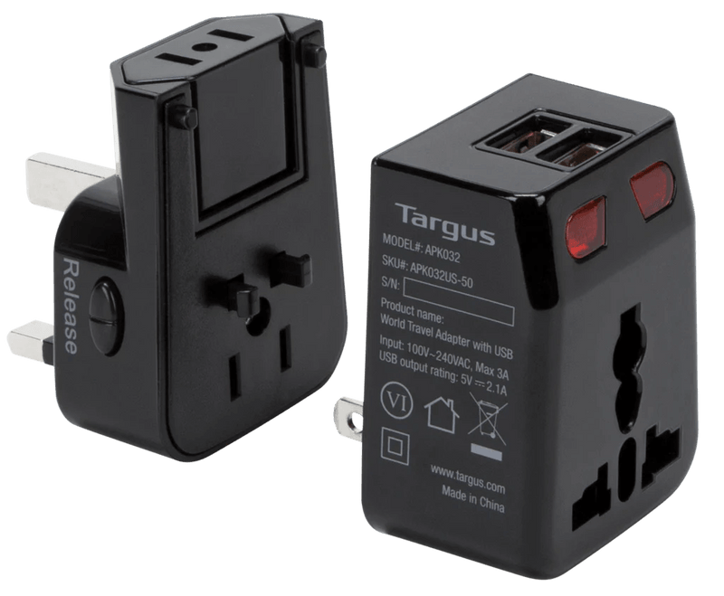 Targus - World Travel Adapter AC Power with 2 Port USB-A 100 - 250 VAC with 4 International Charging Plugs - Black - Limolin 