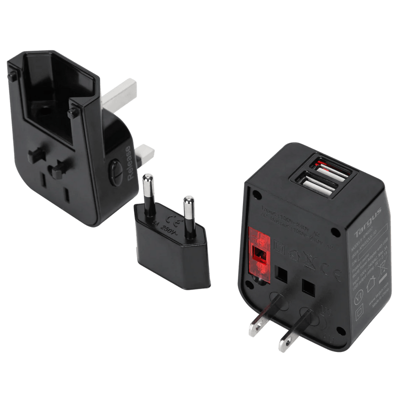 Targus - World Travel Adapter AC Power with 2 Port USB-A 100 - 250 VAC with 4 International Charging Plugs - Black - Limolin 