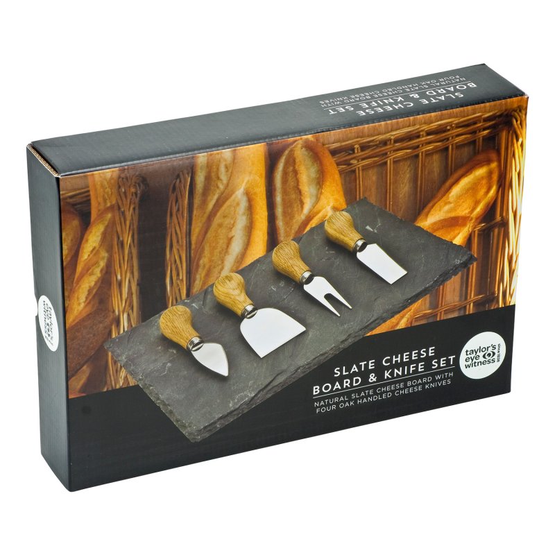 Taylor's Eye Witness - 4 Pc Cheese Knife Set Oak Hndl With Slate Board - Limolin 