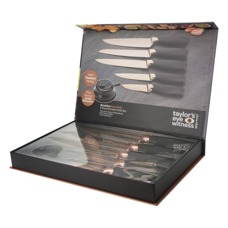 Taylor's Eye Witness - 5Pc Brooklyn Rose Gold Titanium Presentation Box Set - With Bonus Knife Sharpener - Limolin 
