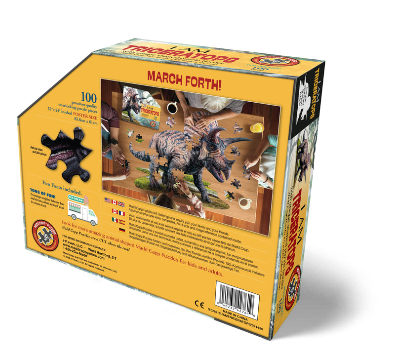Madd Capp Puzzles – I Am Triceratops Jigsaw Puzzle | 100 Pieces – back of packaging