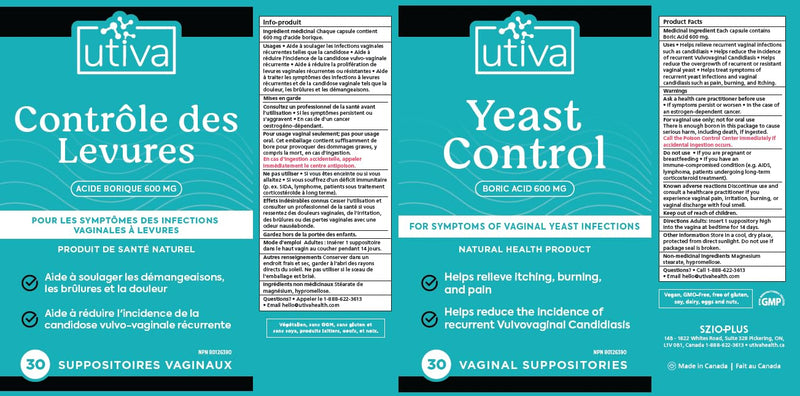 Utiva - Boric Acid Yeast Control Vag Sup - 30 V.Suppositories - Limolin 