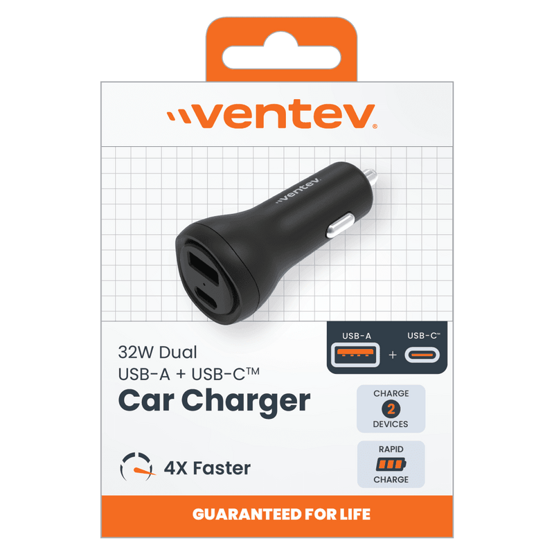 Ventev - ULTRAFAST 32W Dual USB C and USB A Port Car Charger Black - Limolin 