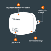 Ventev - Wall Charger 1 Port 12W 2.4amp USB-A - White - Limolin 