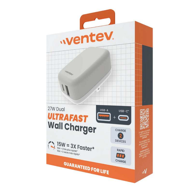 Ventev - Wall Charger 27W USB-C + USB-A with Folding Prongs - White/Grey