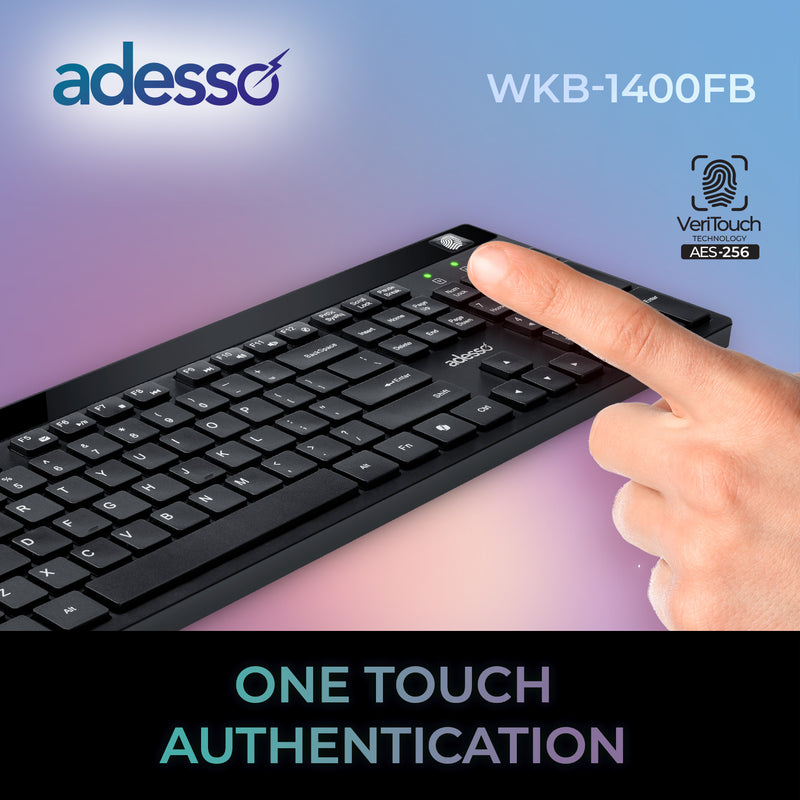 Adesso - Keyboard WKB-1400FB Wireless Ergonomic with Fingerprint Reader