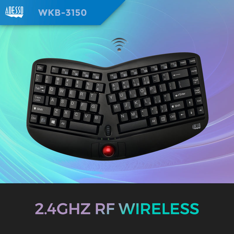 Adesso - 2.4G Wireless Mini Ergonomic Trackball Keyboard