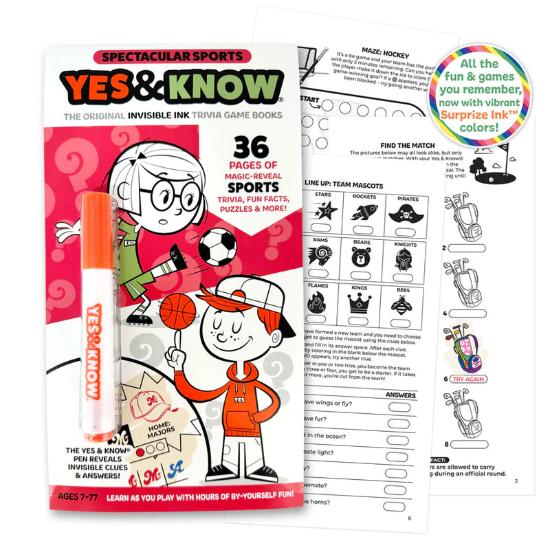 Tree Town Toys - YES & KNOW - INVISIBLE INK GAME BOOK - SPECTACULAR SPORTS