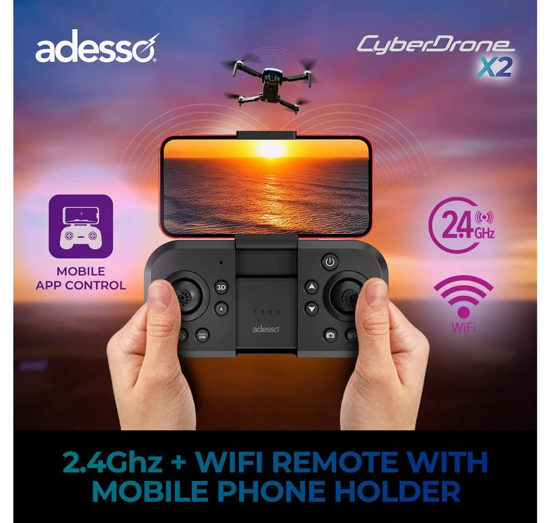 Adesso - CyberDrone X2 1080P FPV Camera with Gimbal 2.4Ghz+Wifi Remote with Mobile Phone Holder 80 Meter Range Cameras & Optics