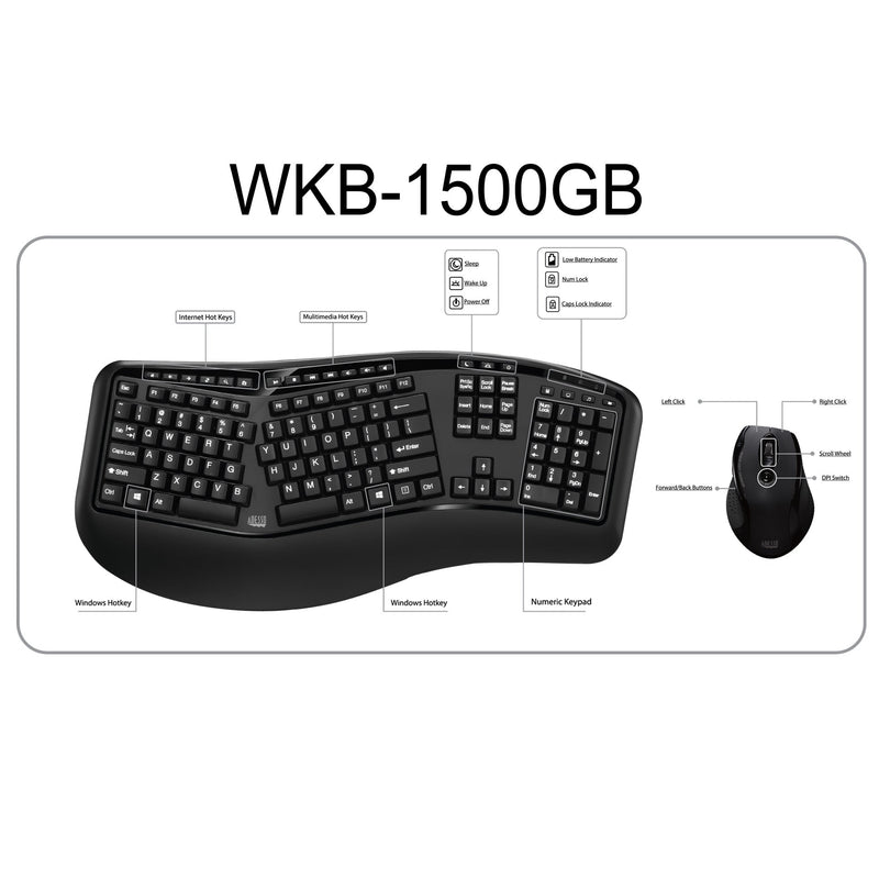 Adesso - Keyboard & Mouse Combo Wireless ERGO 1600dpi PC/MAC - FRENCH Canadian Electronics