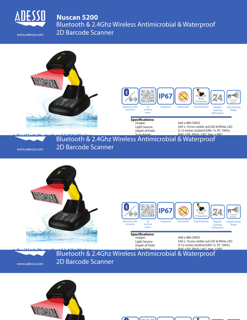Adesso NuScan 5200 rugged wireless 2D barcode scanner