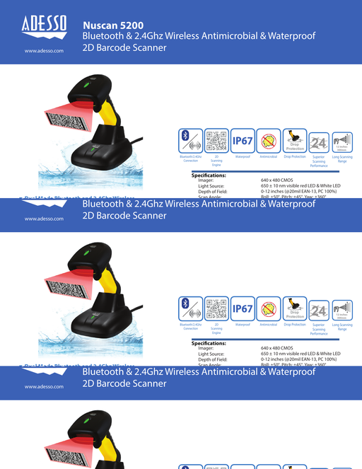 Adesso NuScan 5200 rugged wireless 2D barcode scanner