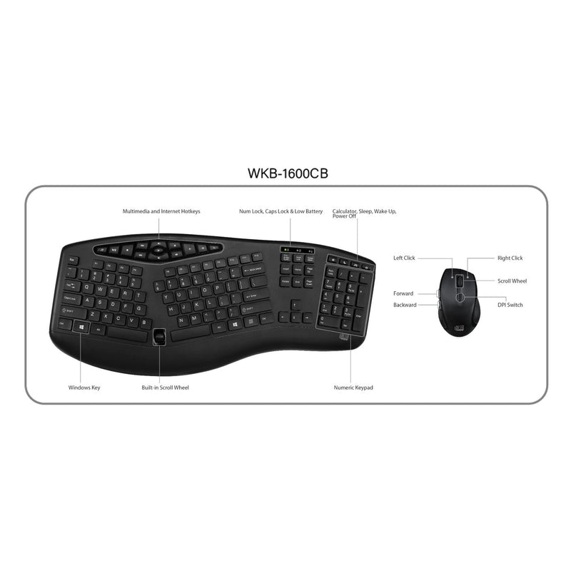 Adesso - TruForm™ 1600 Wireless Ergonomic Keyboard and Optical Mouse (WKB - 1600CB) - Canadian French Electronics