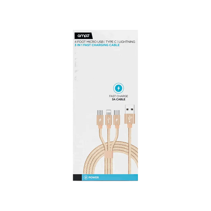 AMPD 3-in-1 multi-tip charging cable in rose gold with retail packaging