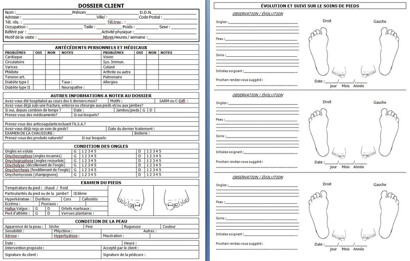 French pedicure client record card showing client history and foot-care follow-up forms