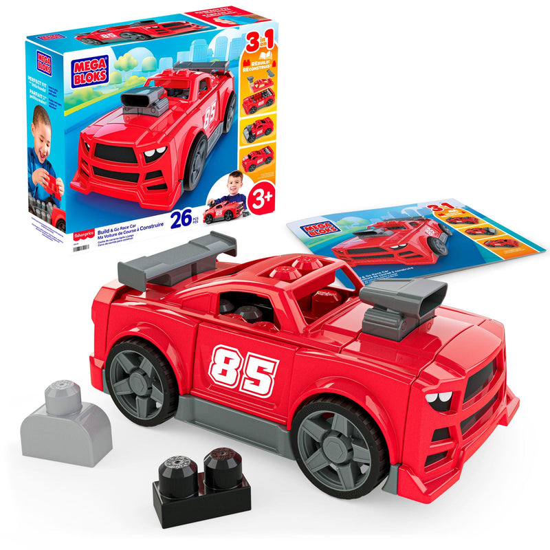 MEGA BLOKS Build & Go Race Car 26-Piece Set (JKG35) — race car and packaging
