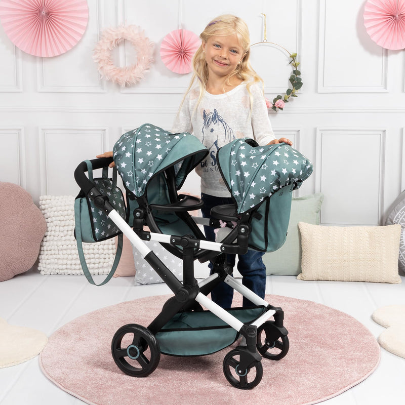 Bayer Design - XEO TWIN - TWIN DOLLS PRAM - TEAL AND STAR PATTERNS Games & Toys