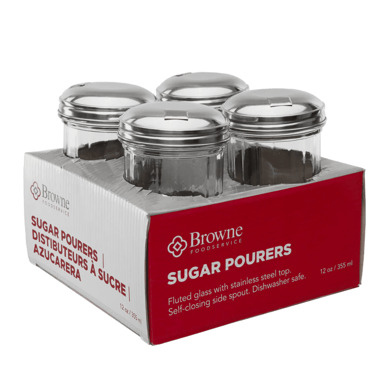 Browne - Sugar Pourer, Fluted Glass, 12oz/355ml, 5.6"/14.2cm, SS Top w/Self - Closing Side Spout, 4 Pack Home & Kitchen
