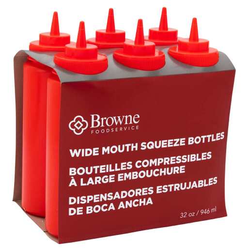 Browne - Wide Mouth Squeeze Bottle 32oz/946ml, Set of 6, Red Home & Kitchen