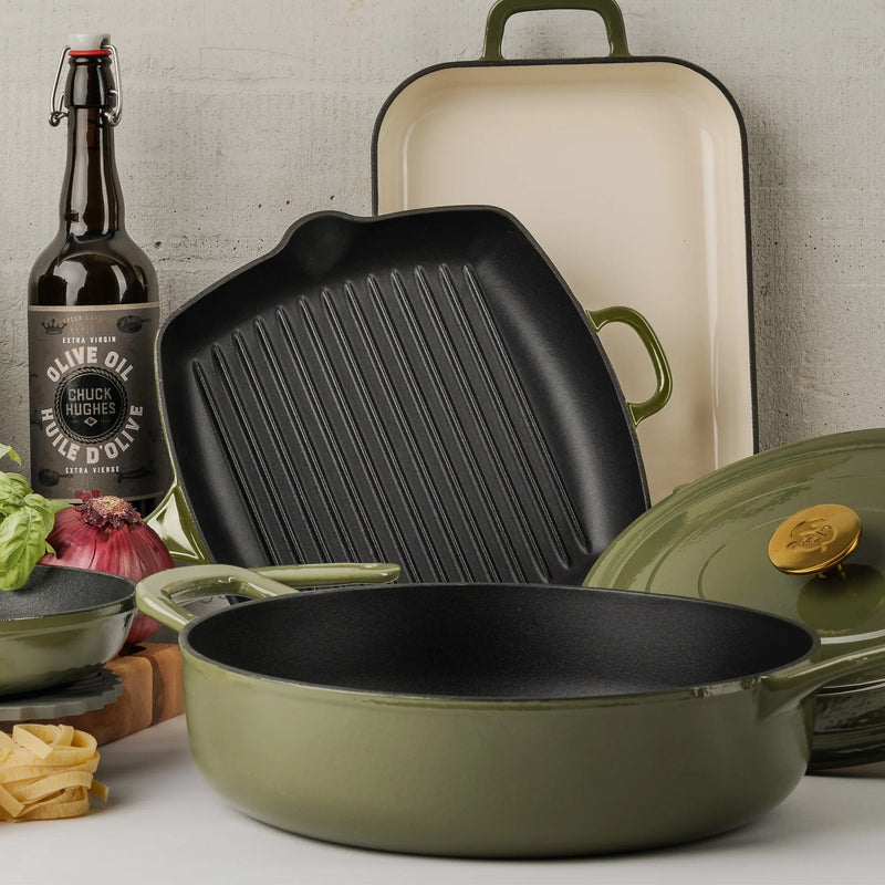 CHUCK HUGHES - Cast Iron Square Grill Pan 26cm /10.25“ Home & Kitchen Green