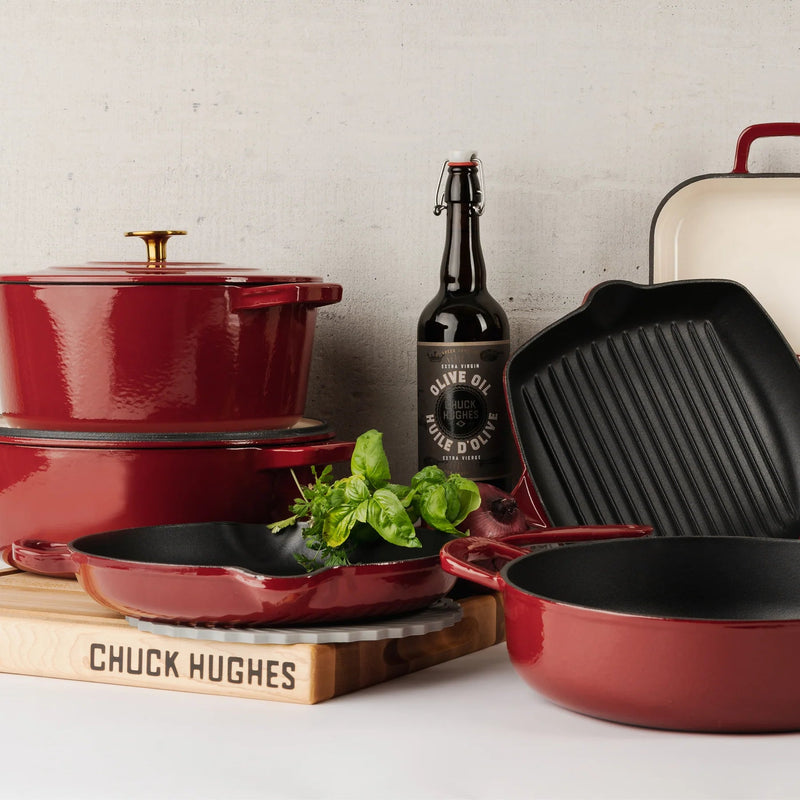 CHUCK HUGHES - Fry Pan, Round CastIron 10.25"/26cm Home & Kitchen Cardinal Red
