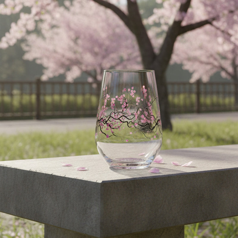Cuisivin Cherry Blossom stemless wine glasses in use