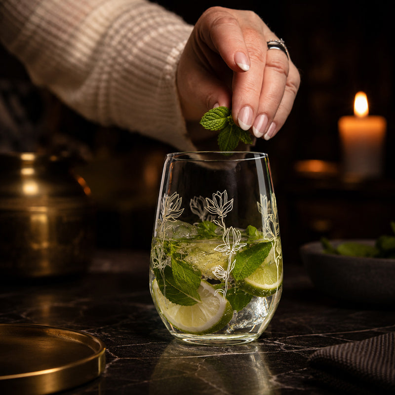 Cuisivin Golden Floral stemless wine glasses in use