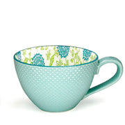 Danesco textured stoneware cup, turquoise Floral pattern, front and interior view