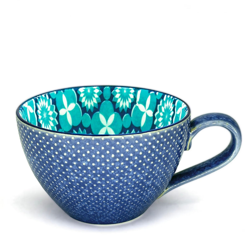Danesco textured stoneware cup, blue Mosaic pattern, front and interior view