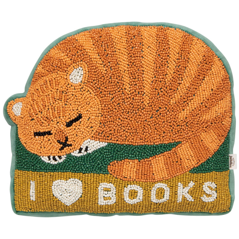 Danica Jubilee Book Club beaded throw pillow, orange cat on books, front view