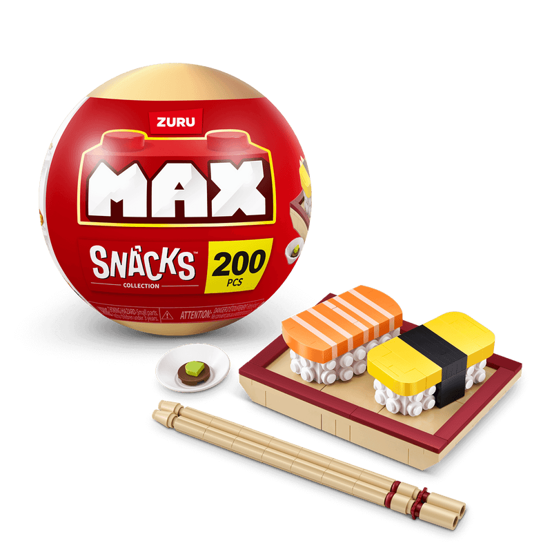 MAX BUILD Premium Snacks Series 1 – Sushi example with capsule; one random set included