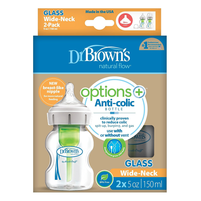 Dr Brown's - 5oz/150mL Glass Wide - Neck Anti - colic Options+ Baby Bottle, 2 - Pack Mother & Baby