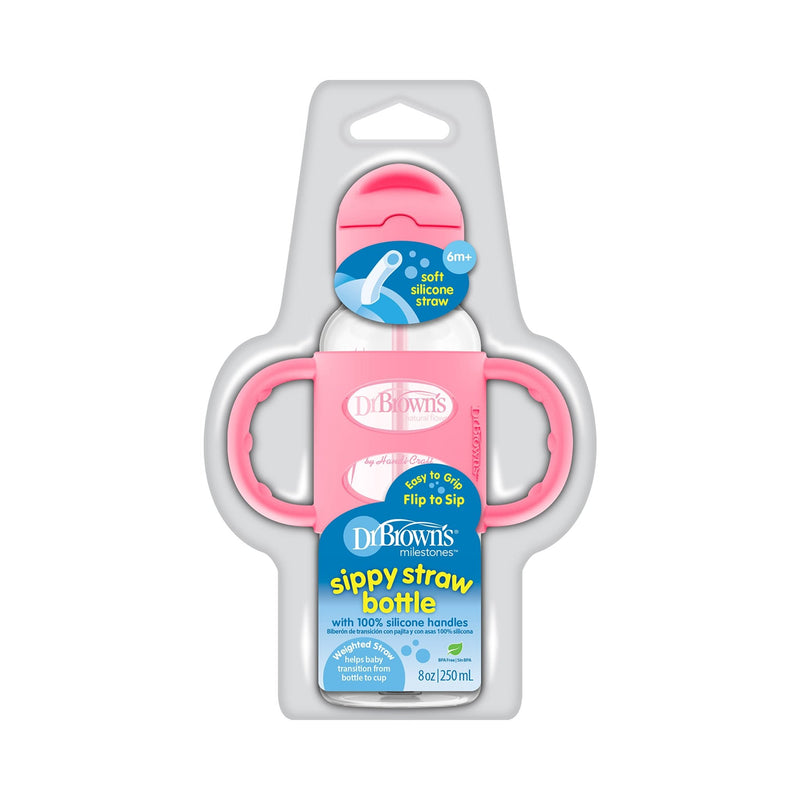 Dr Brown's - 8 oz/250 mL Narrow Sippy Straw Bottles w/ Silicone Handles, Pink, 1 - Pack Mother & Baby