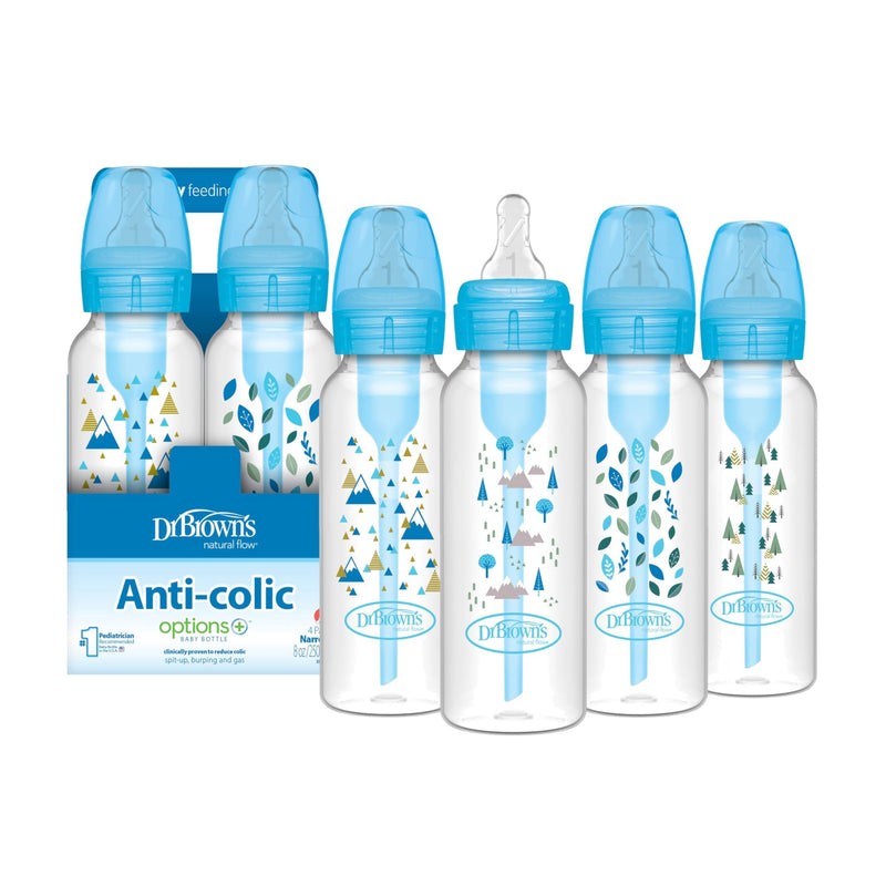 Dr Brown's - 8oz/250mL Narrow Anti - colic Options+ Baby Bottle, Blue Nature, 4 - Pack Mother & Baby