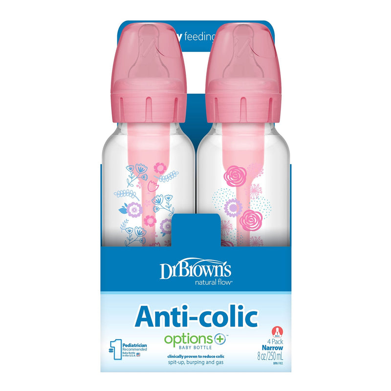 Dr Brown's - 8oz/250mL Narrow Anti - colic Options+ Baby Bottle, Pink Floral, 4 - Pack Mother & Baby