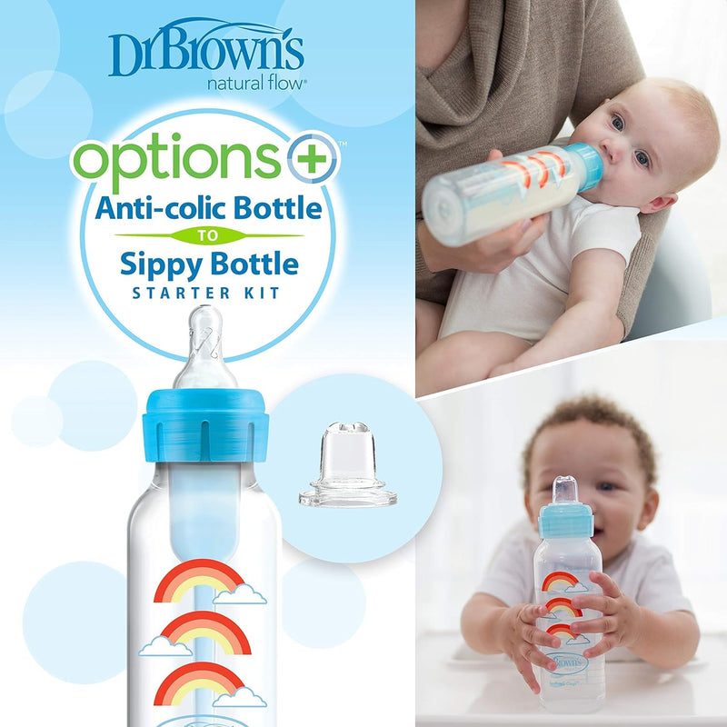 Dr Brown's - 8oz/250mL Narrow Anti - colic Options+ Baby Bottle to Sippy Starter Kit, Blue Rainbows, 1 - Pack Mother & Baby