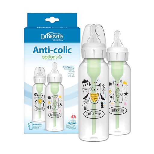 Dr Brown's - 8oz/250mL Narrow Anti - colic Options+ Baby Bottle,Bear/Owl, 2 - Pack Mother & Baby