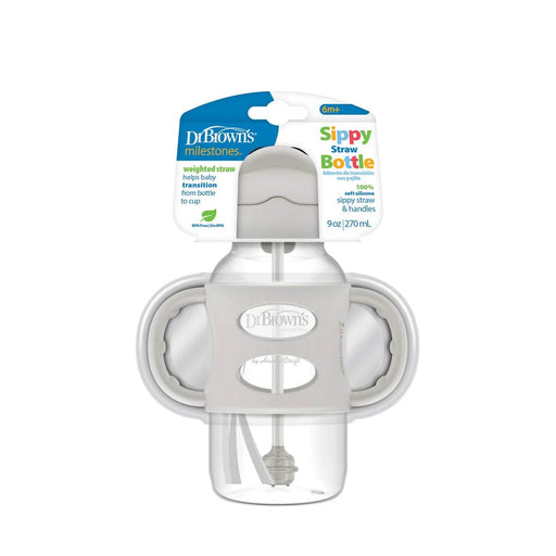 Dr Brown's - 9 oz/270 mL Wide - Neck Sippy Straw Bottle w/ Silicone Handles, Gray, 1 - Pack Mother & Baby