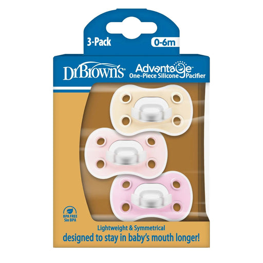 Dr Brown's - Advantage One - Piece Pacifiers, 0 - 6m, Pink, Purple, Ecru, 3 - Pack Mother & Baby
