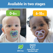 Dr Brown's - Advantage Pacifier, Stage 2, Skateboard Snail and Glow in the Dark Blue Nature, 4 - Pack Mother & Baby