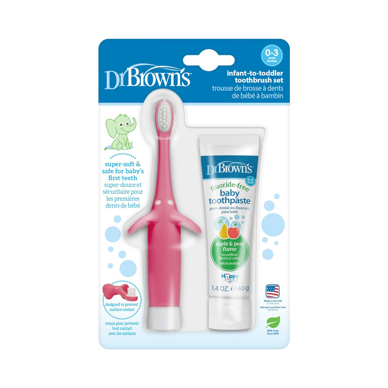 Dr Brown's - Infant - to - Toddler Toothbrush, Pink Elephant, with Apple Pear Toothpaste, 1.4oz/40 g Mother & Baby