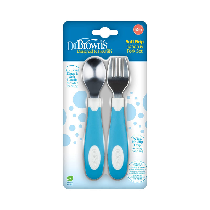 Dr Brown's - Soft Grip Spoon & Fork Set, Blue and White Mother & Baby