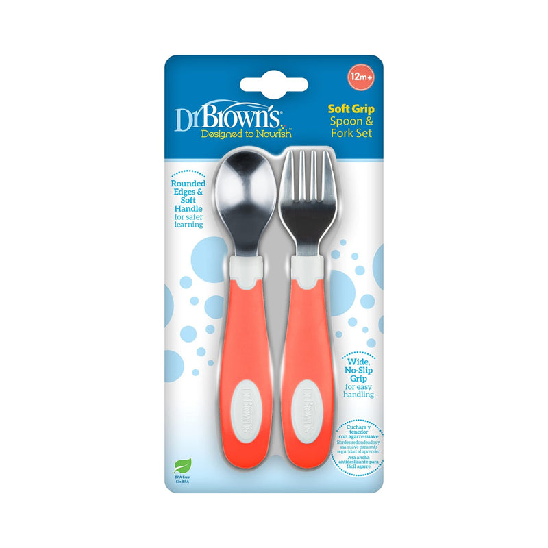 Dr Brown's - Soft Grip Spoon & Fork Set, Coral Mother & Baby