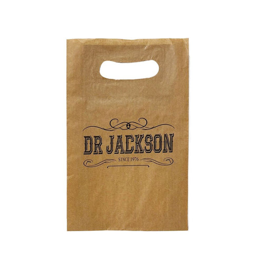 Dr Jackson branded brown paper bag with die-cut handle