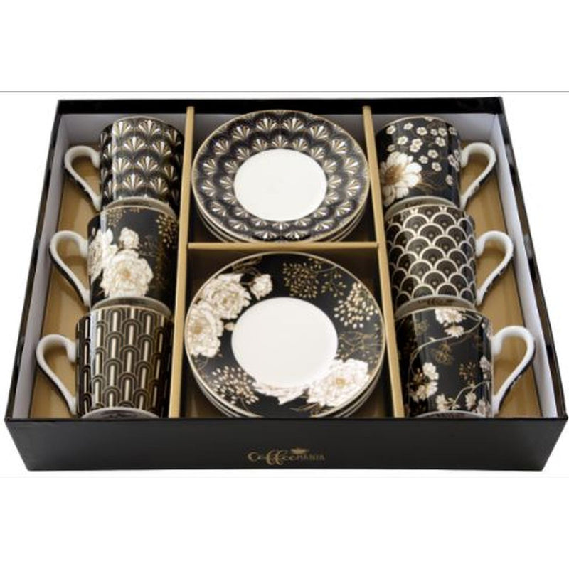 Easy Life - ART DECO & FLOWERS - Set of 6 Espresso Cup & Saucers | 100 ml Home & Kitchen