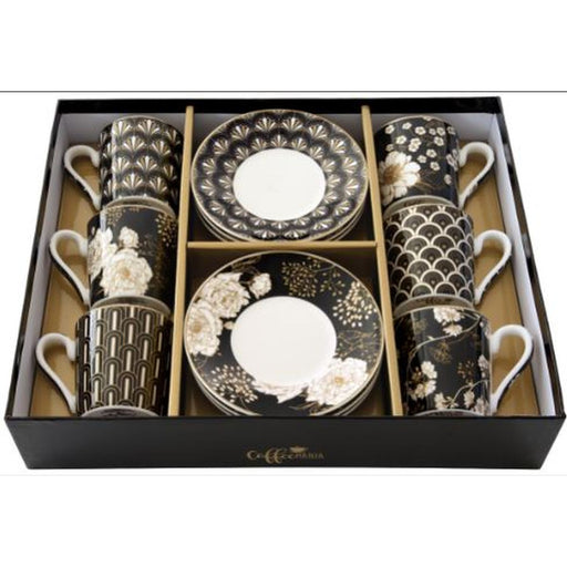 Easy Life - ART DECO & FLOWERS - Set of 6 Espresso Cup & Saucers | 100 ml Home & Kitchen