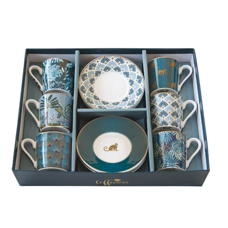 Easy Life - ATMOSPHERE JUNGLE - Espresso Cups & Saucers - Set of 6 | 110 ml Home & Kitchen